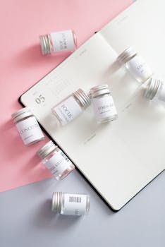 Colorful arranged therapy bottles on an open planner, concept of stress relief and focus.