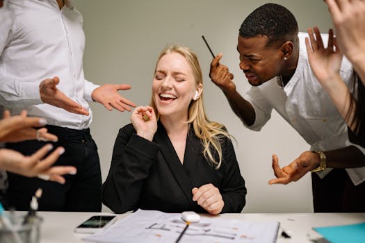 Conceptual image of office conflict with a woman facing workplace pressure surrounded by colleagues.