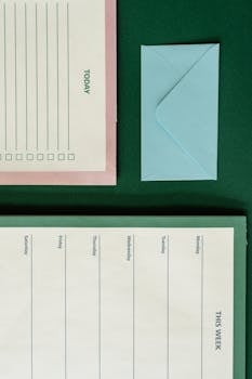 Flat lay of a weekly planner and a blue envelope on a green background.