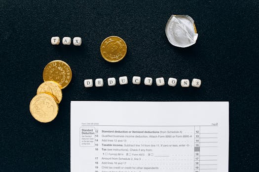 Image of tax deductions concept with coins and tax form on black background.