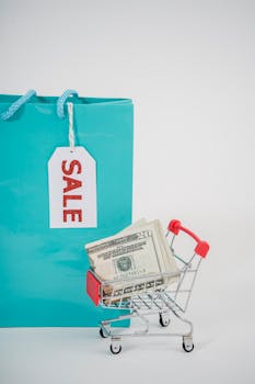 Miniature shopping cart with cash next to a sale-tagged bag, illustrating shopping and savings.