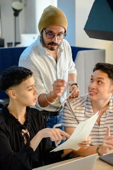 Three colleagues engaged in a collaborative discussion at the office, reviewing documents and sharing ideas.